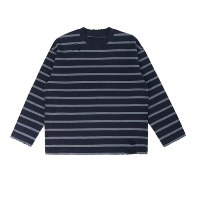 HOMME DE MODE条纹圆领长袖T恤破洞做旧秋冬卫衣纯棉磨破打底衫男