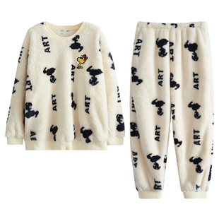 贝妍史努比情侣睡衣秋冬款女保暖珊瑚绒家居服男士加厚法兰绒套装