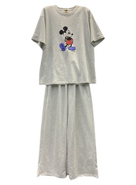 卡通宽松垫肩短袖T恤阔腿裤套装
