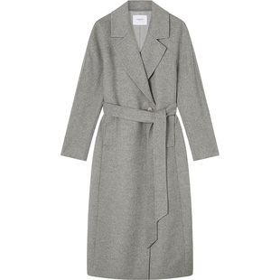 LK BENNETT灰色100%绵羊毛大衣2025冬新款一粒扣腰带极简廓形外套