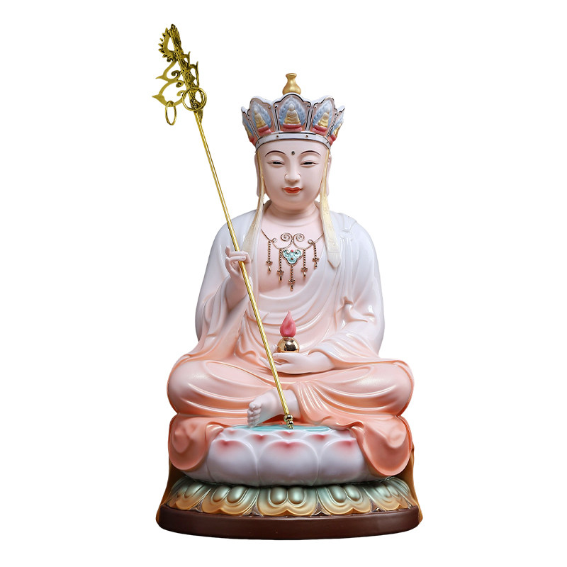 戴玉堂陶瓷《坐莲地藏菩萨橙衣彩》家用供奉佛像地藏王菩萨像摆件