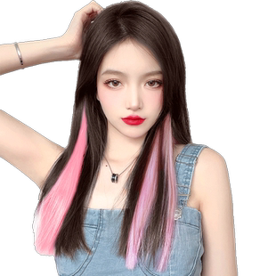 假发女片挑染渐变发片一片式发条短发彩色挂耳染长发粉色红色接发
