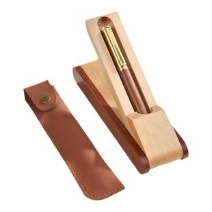 商务创意礼品金属中性笔定制刻字LOGO古风黄铜配木质锦盒笔架笔袋 企业团体读书会小礼物创意时尚檀木笔