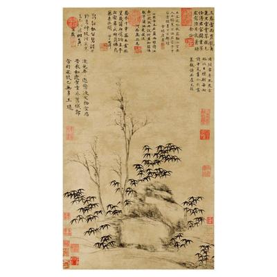 元倪瓒古木竹石图复古水墨字画竖幅作品微喷仿真复制临摹挂轴装饰