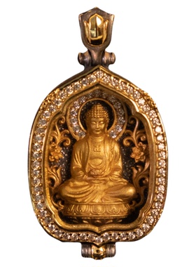 原创设计纯手工纯银镀24k金荷花叶嘎乌盒白钻款吊坠男女节日礼物