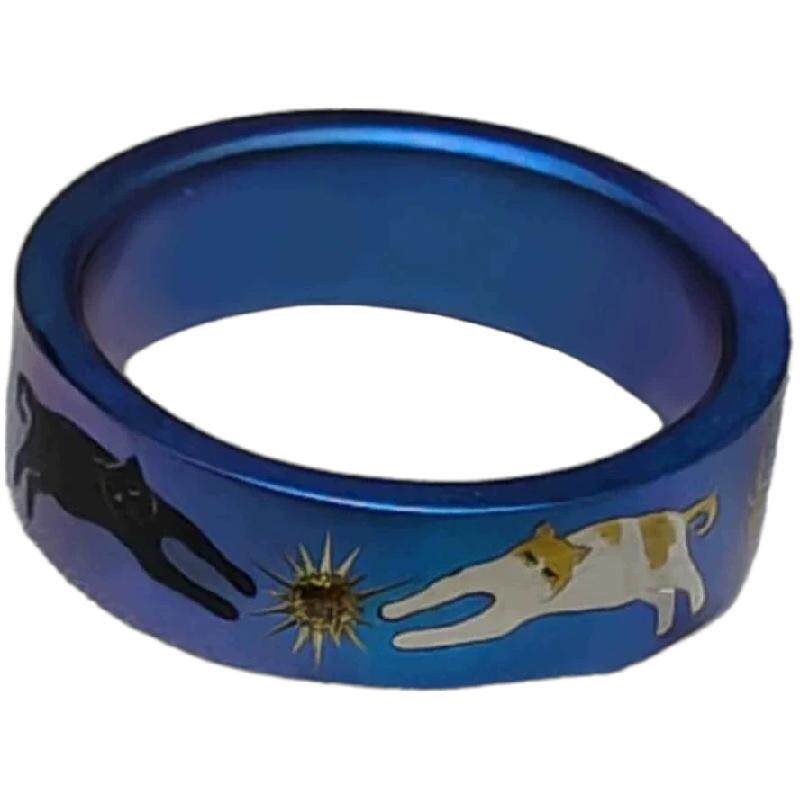 vintager中古【双猫摘星】宽面炫彩蓝戒指星芒食指戒小众设计感