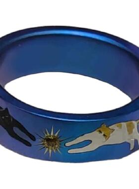 vintager中古【双猫摘星】宽面炫彩蓝戒指星芒食指戒小众设计感