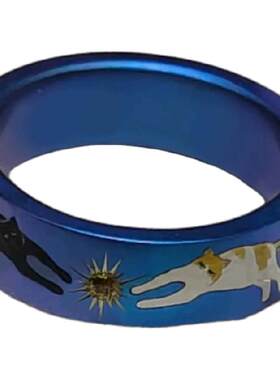 vintager中古【双猫摘星】宽面炫彩蓝戒指星芒食指戒小众设计感