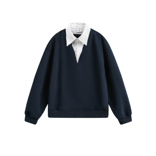 wtmp秋季日系复古衬衫领假两件拼接卫衣男女潮牌宽松休闲套头上衣