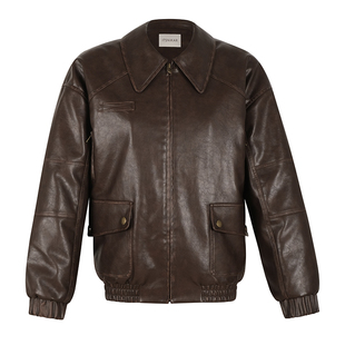 ITSNIKAR 复古美拉德擦色做旧棕色皮衣外套女街头棒球服夹克上衣