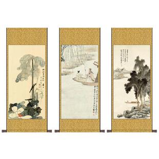 张大千山水画泛舟图人物画卷轴挂画新中式装饰画国画山水画墨荷图