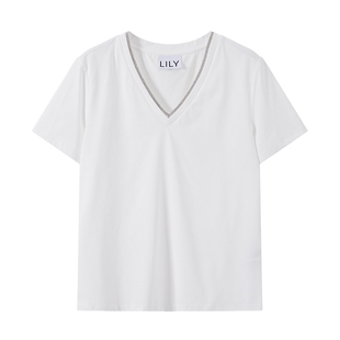 LILY26春夏新款女装简约假两件V领正肩宽松上衣高级白色短袖T恤
