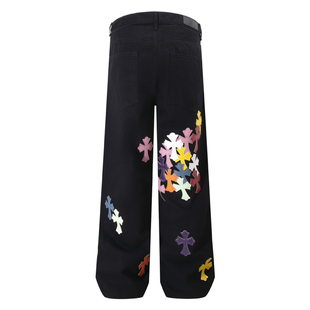 十字架皮标牛仔裤男款直筒宽松阔腿美式高街裤子潮流百搭黑色长裤