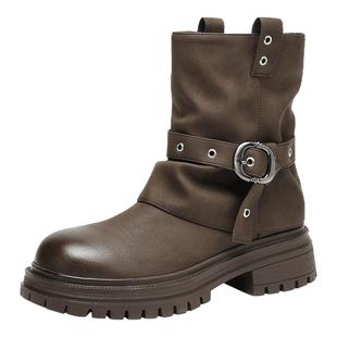 达芙妮厚底短靴女款2026新款冬季爆款棕色靴子美拉德小个子马丁靴