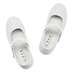 慕伊莱全掌气垫镂空搭扣魔术贴真皮护士鞋软底透气百搭单鞋小白鞋