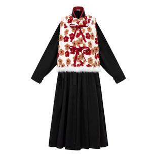 花朝记|小花匠|明制汉服元素贴里连衣裙圆领比甲立体花朵羊羔毛