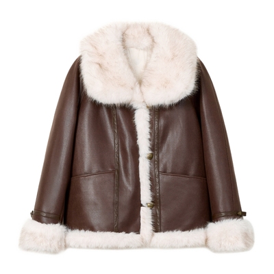 蓝语复古毛领仿麂皮羽绒服外套