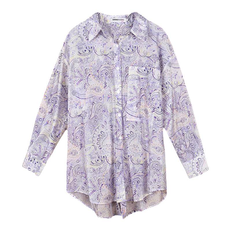 声雨竹翻领长袖衬衫花卉淑女开衫