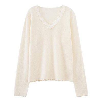 Basic House/百家好木耳边V领针织上衣女秋季短款温柔风长袖内搭