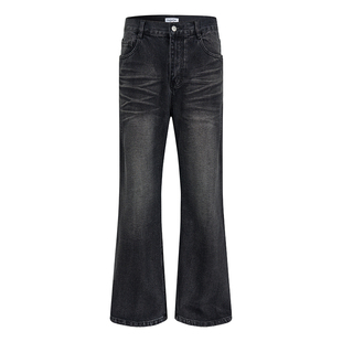 GENIUSCLUB水洗黑色宽松阔腿重工破洞美式街头新款牛仔裤