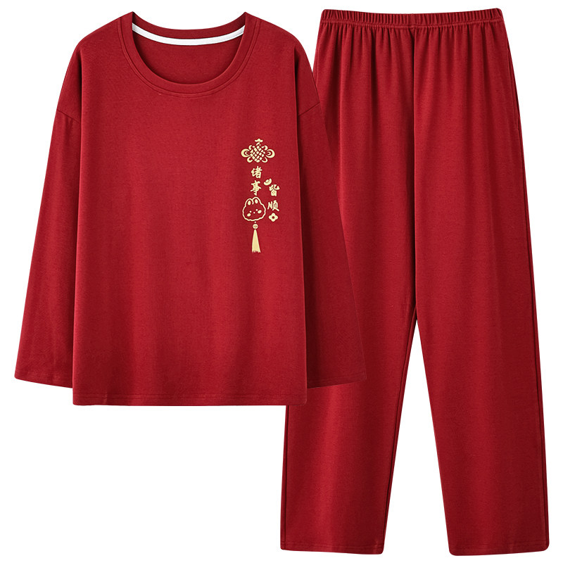 情侣睡衣女纯棉短袖长裤红色本命年结婚新婚薄家居服男士圆领套装