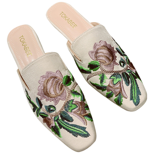 刺绣包头半拖鞋女夏外穿绣花平底鞋网红懒人穆勒鞋气质平底凉拖女