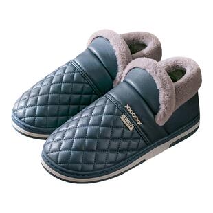 老人防水棉拖鞋男士冬季加绒室内家居皮面防滑老年人棉鞋包跟男款