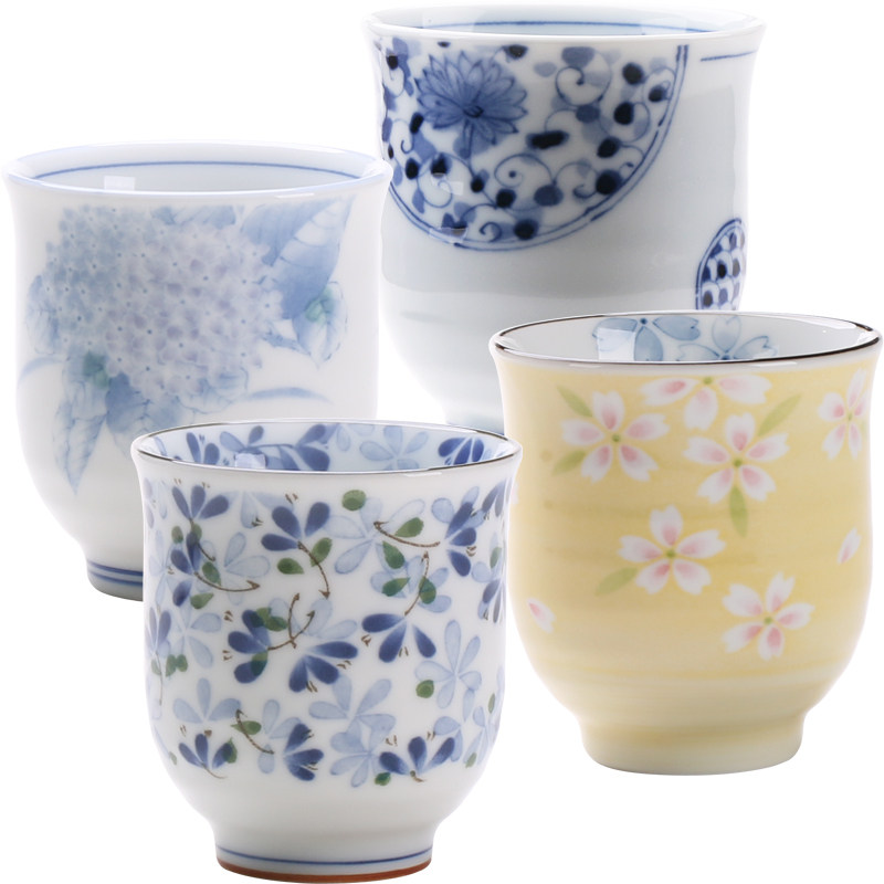日本进口茶杯随手杯 汤吞杯 小蓝芽系列釉下彩陶瓷餐具 日式