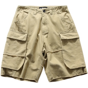 美式重磅刀割破洞翻毛边余文乐工装短裤男潮牌ins宽松休闲五分裤
