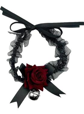 黑暗系Lolita黑色蝴蝶结玫瑰铃铛项链女蕾丝颈链锁骨链choker颈带