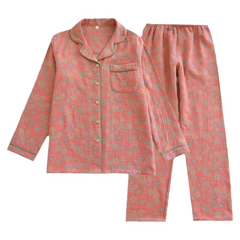 睡衣女春秋季纯棉纱布长袖色织复古夏天中老年妈妈全棉家居服套装
