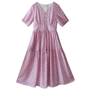 【6折】忆旧天丝V领连衣裙女2025夏碎花裙新款温柔系收腰长裙子