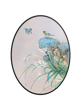 清新椭圆蓝色手绘花鸟新中式客厅