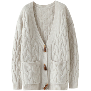 启超衣橱少不了！牛角扣100%纯山羊绒开衫V领米色针织开衫外套厚