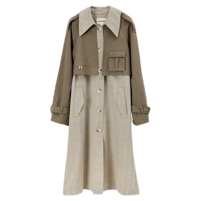 Famecoco折扣店设计感假两件翻领拼接格纹长款风衣外套FAB6AT004