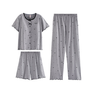 芬腾纯棉带胸垫睡衣女夏季薄款短袖长裤三件套大码女款家居服套装