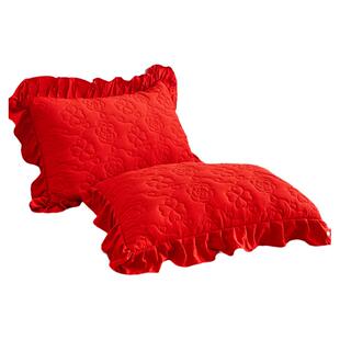 A类大豆夹棉绗缝枕套结婚红色48x74cm一对装加厚花边枕皮枕头套子