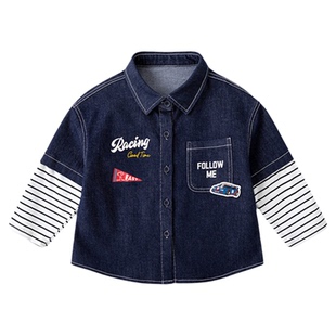嘟嘟家男童牛仔衬衫儿童上衣春秋款女童假两件新款春装宝宝衣服春