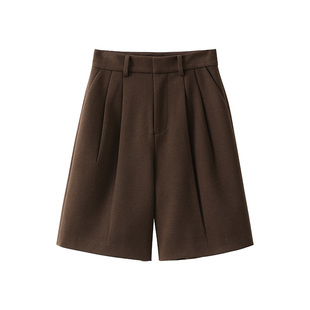 popchrio◆复古羊毛混纺加厚百慕大短裤H版黑色休闲中裤子外穿女