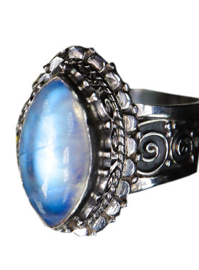 尼泊尔复古月光石S925纯银戒指女