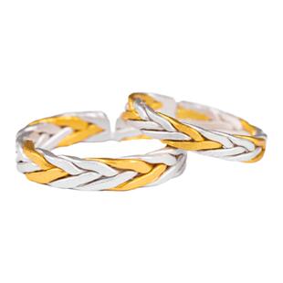 新款999纯银手工编织男女戒指24K金包银情侣对戒一对麻花开口指环