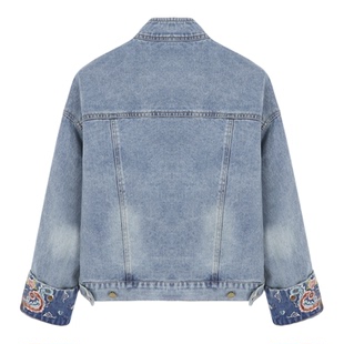 Basic House/百家好新中式刺绣牛仔外套女春复古做旧短款夹克上衣