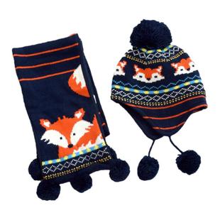 男童秋冬帽子围巾手套加绒保暖护耳帽男宝宝卡通狐狸摇粒绒针织帽