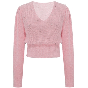 宝姿PORTSPURE女装针织钻饰收腰长袖v领套头针织衫RT3K166SKD007