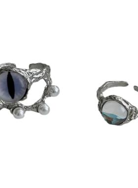 小众暗黑风双层猫眼珍珠戒指女