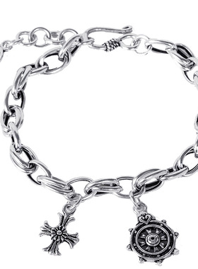 S925银复古泰银手链女时钟字母时尚潮男船舵骷髅头十字架军花挂饰