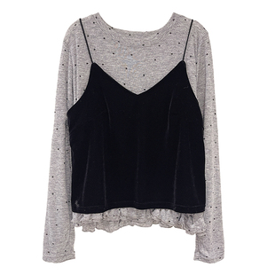 misslady洋气波点长袖T恤荷叶边丝绒背心吊带两件套上衣法式减龄