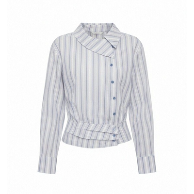 ECHOSTA不规则翻领条纹收腰衬衫斜门襟腰封打褶长袖上衣春