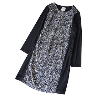 优雅女士拼色显瘦春秋长袖连衣裙大码女装裙子雪纺裙中裙1293