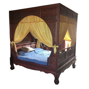 中式仿明清古典双月洞架子床明黄色祥云龙纹仿真丝布绣花蚊帐床幔